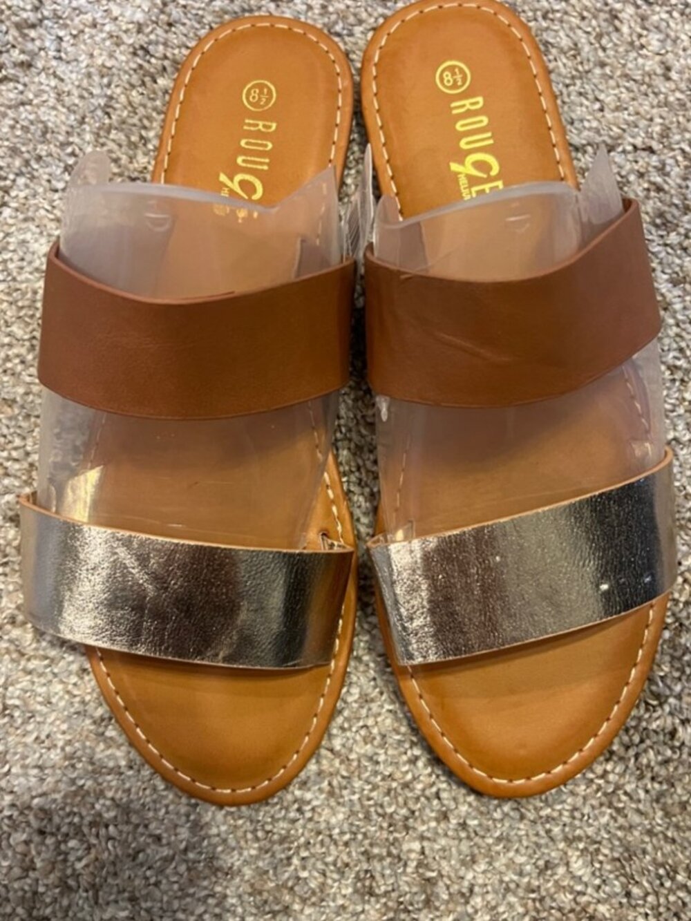 Rouge Helium Brown, Clear & Metallic Sandals Size 8.5